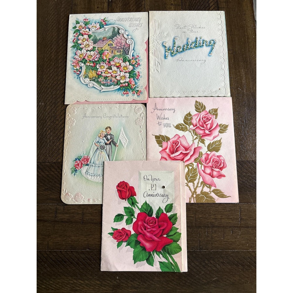 Lot of 5 VTG Wedding Anniversary 1950's Greeting Cards Pastels Roses Signed